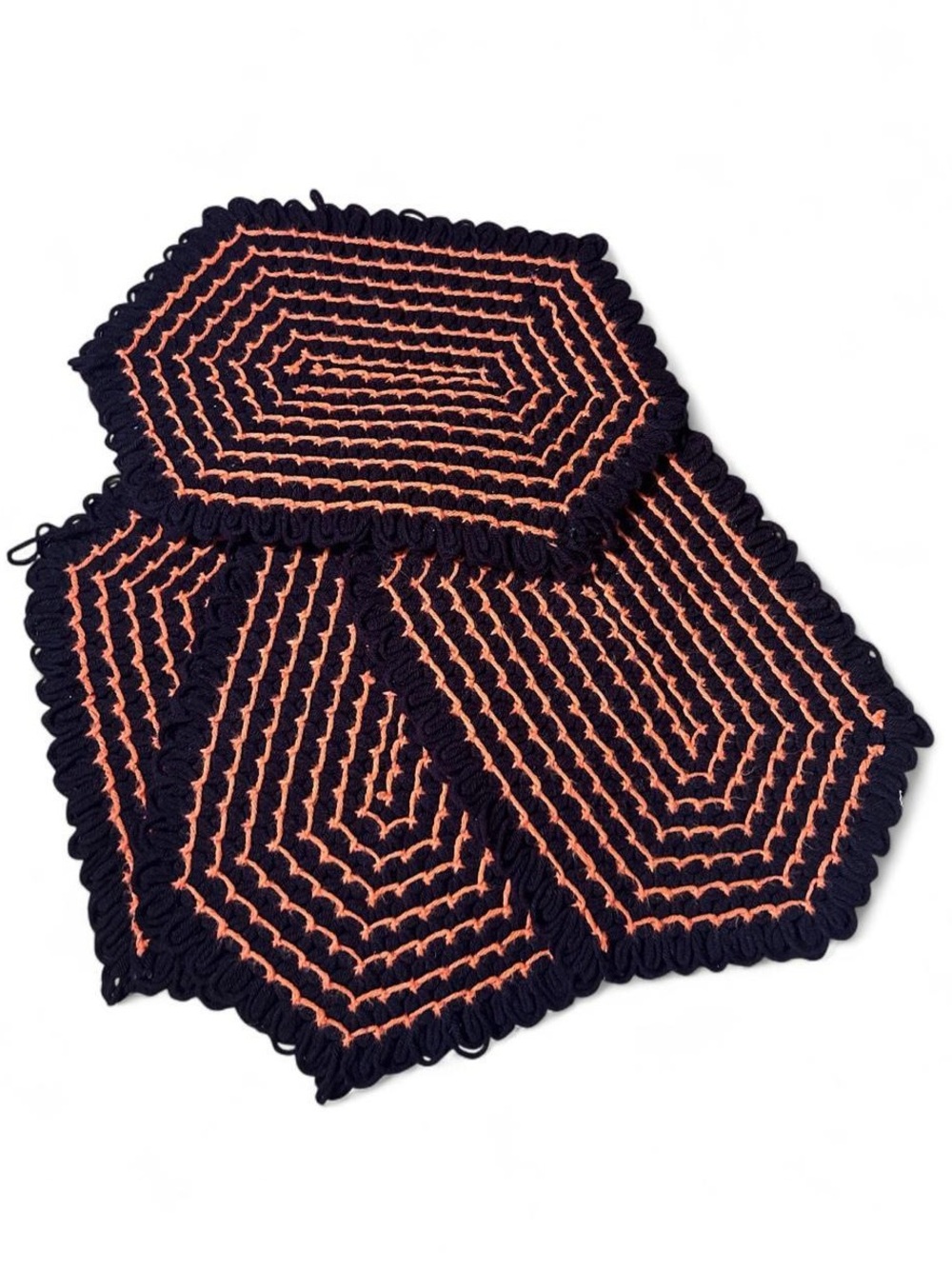 Vintage Handmade Crochet Hexagon Brown Orange Spooky Halloween Place Mats Set 4